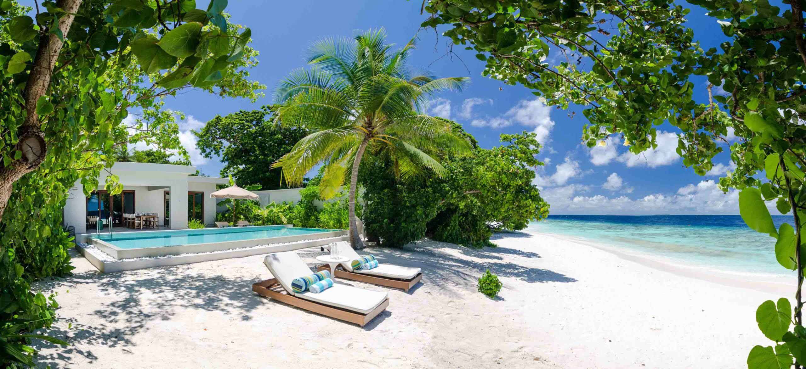 A beachside view of our Maldives Beach Villa with private pool