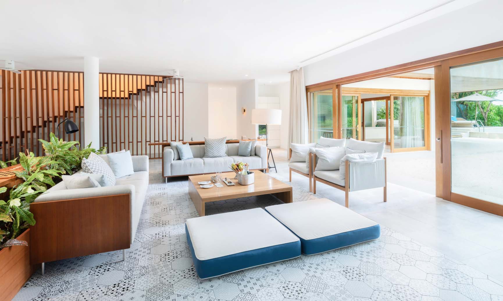 The spacious living room in our Private Residence in the Maldives.