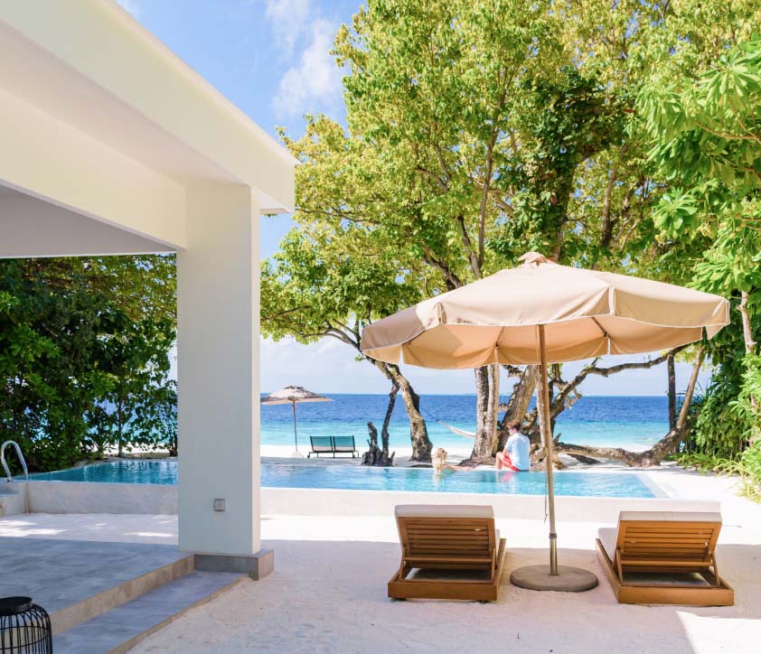 The sundeck and pool view of our Maldives Beach Villa.