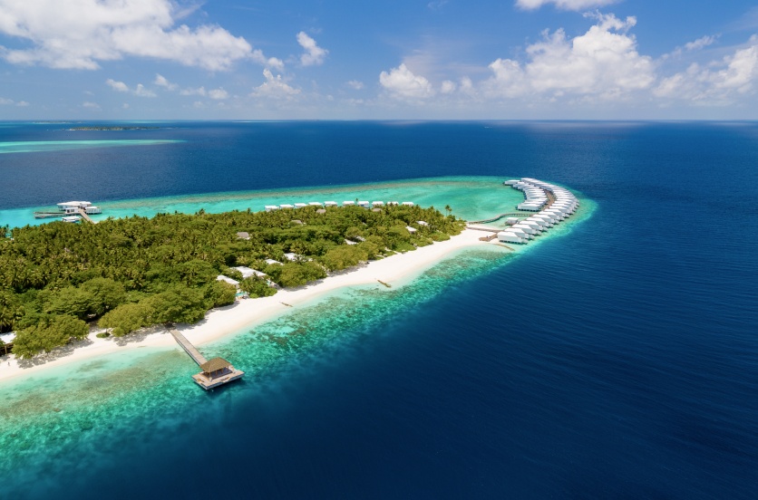 An overhead view of Amilla Fushi Baa Atoll Resort.