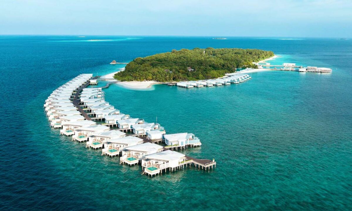 Overhead view of our Luxury Villas in the Maldives situated over the ocean.