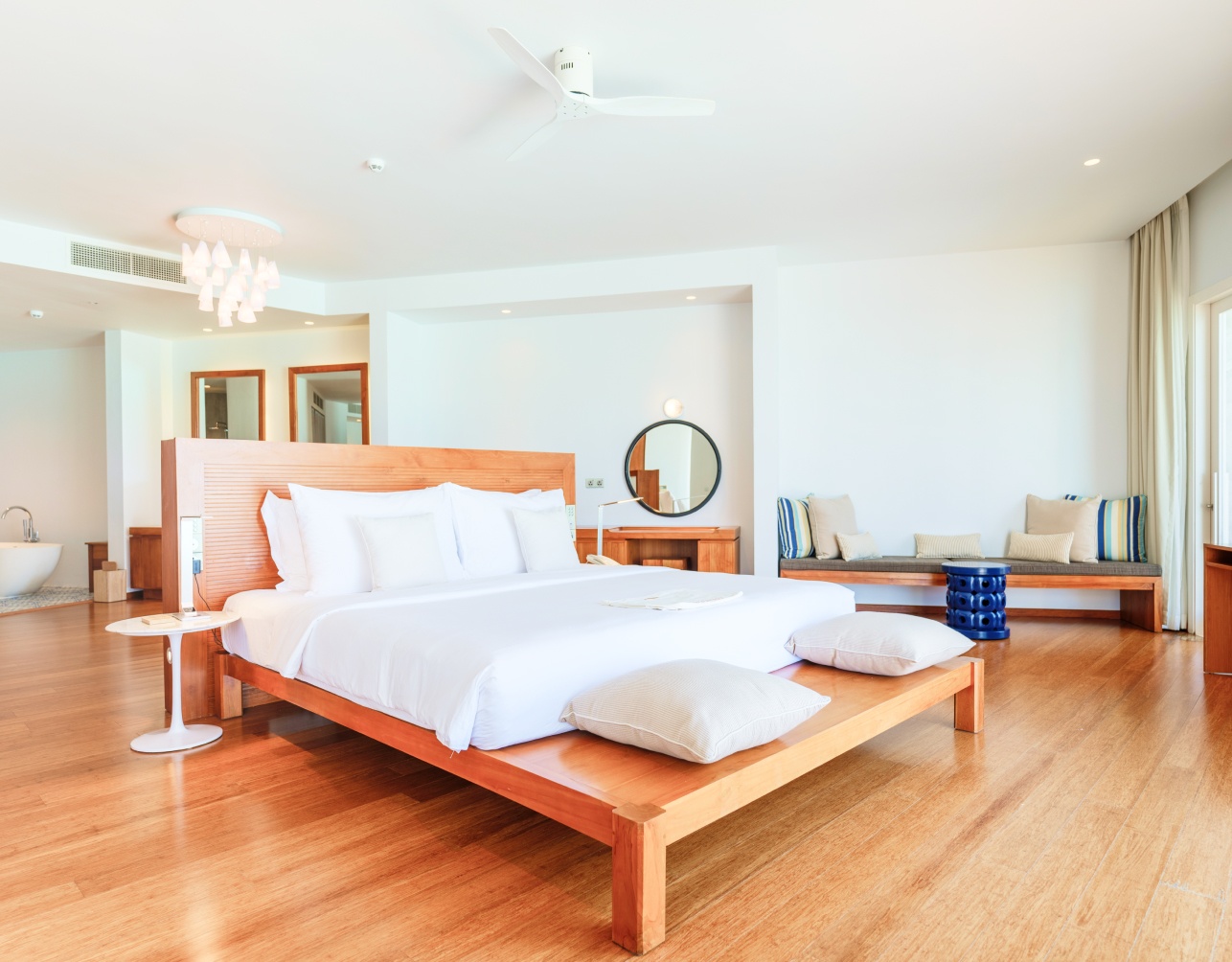 The bedroom inside of the 1 bedroom Maldives Lagoon Villa with pool.